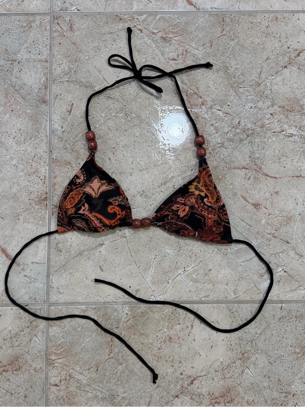 Nasty Gal Black & Orange Paisley Triangle Boho Bikini Top with Wood Details